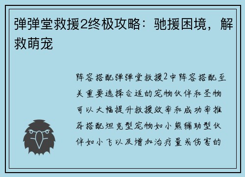 弹弹堂救援2终极攻略：驰援困境，解救萌宠